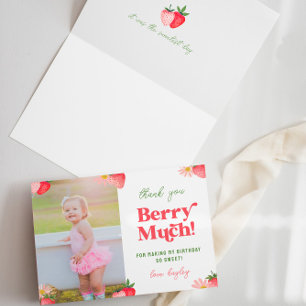 Strawberry and Daisy Pastel Photo Girls Birthday Thank You Card