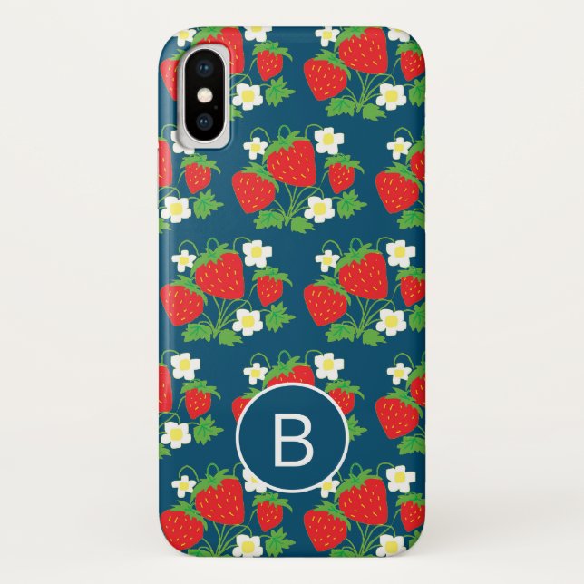 Strawberry and Flower Blue Pattern Monogrammed Case-Mate iPhone Case (Back)