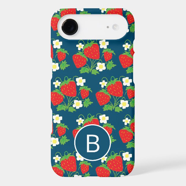 Strawberry and Flower Blue Pattern Monogrammed Case-Mate iPhone Case (Back)