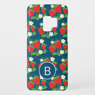 Strawberry and Flower Blue Pattern Monogrammed Case-Mate Samsung Galaxy S9 Case