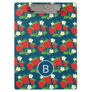 Strawberry and Flower Blue Pattern Monogrammed Clipboard