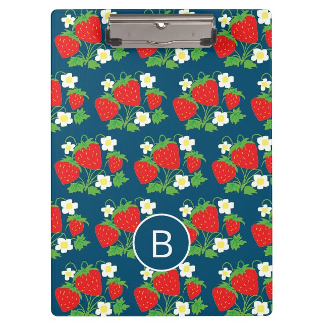 Strawberry and Flower Blue Pattern Monogrammed Clipboard (Front)