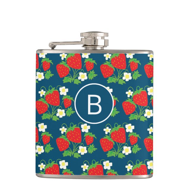 Strawberry and Flower Blue Pattern Monogrammed Hip Flask (Front)