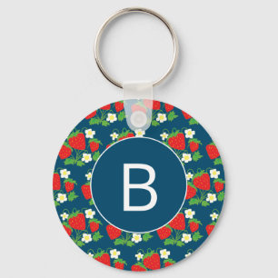 Strawberry and Flower Blue Pattern Monogrammed Key Ring