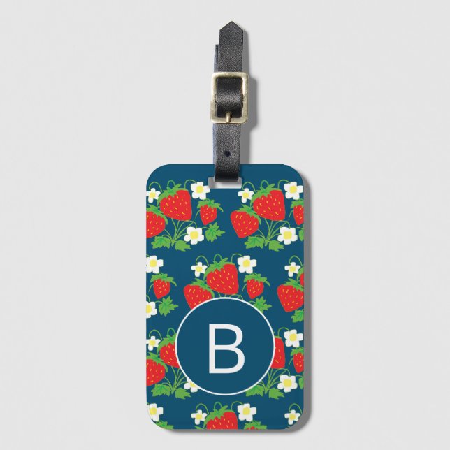 Strawberry and Flower Blue Pattern Monogrammed Luggage Tag (Front Vertical)