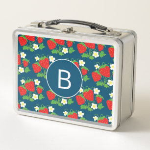 Strawberry and Flower Blue Pattern Monogrammed Metal Lunch Box