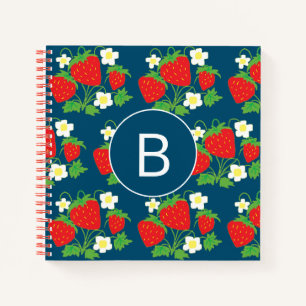 Strawberry and Flower Blue Pattern Monogrammed Notebook