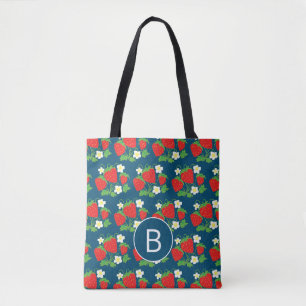 Strawberry and Flower Blue Pattern Monogrammed Tote Bag