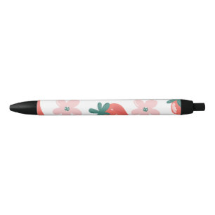 Strawberry and flower pattern black ink pen