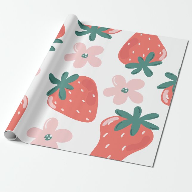 Strawberry and flower pattern wrapping paper (Unrolled)