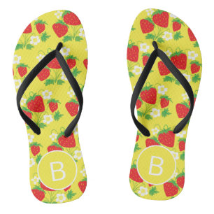 Strawberry and Flower Yellow Pattern Monogrammed Flip Flops