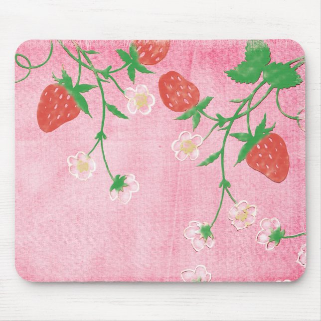 Strawberry and Flowers On Pink Mouse Mat (Front)