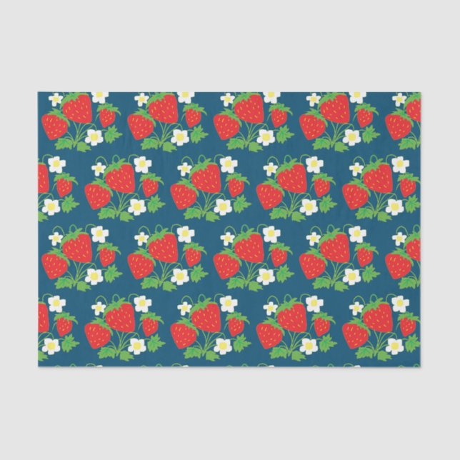 Strawberry and Flowers Pattern Blue Tissue Paper (Front)