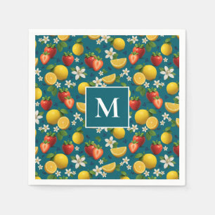 Strawberry and Lemon Blossom Design on Blue Napkin
