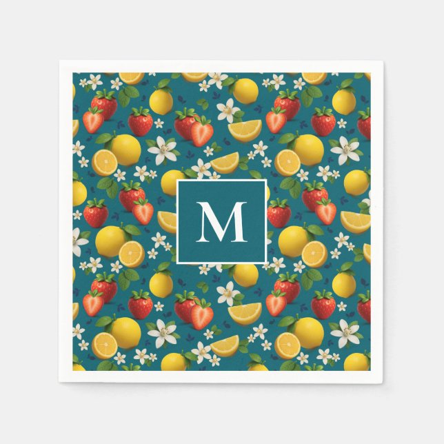 Strawberry and Lemon Blossom Design on Blue Napkin (Front)