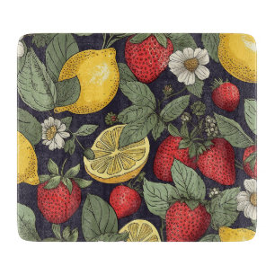 Strawberry and Lemon Patterned Glass Cutting Board