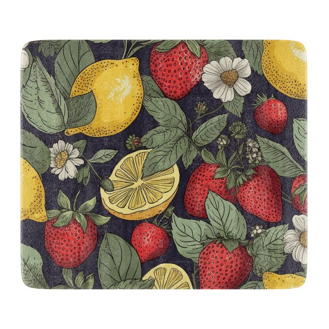 Strawberry and Lemon Patterned Glass Cutting Board (Front)