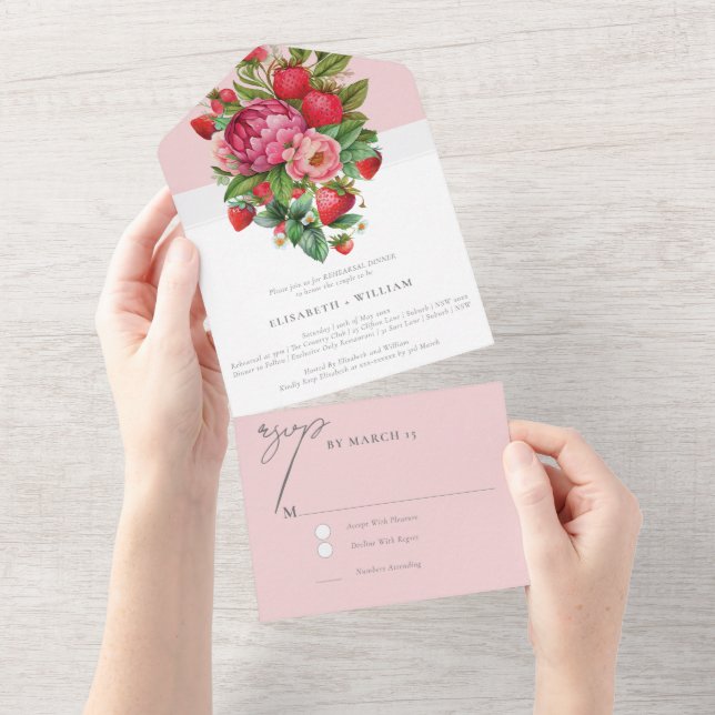 Strawberry and Peonies Rehearsal Dinner Rsvp All In One Invitation (Tearaway)