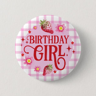 Strawberry and Pink Gingham Birthday Girl 6 Cm Round Badge