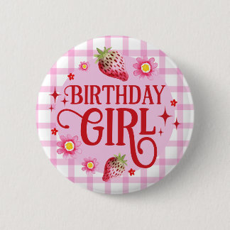 Strawberry and Pink Gingham Birthday Girl 6 Cm Round Badge
