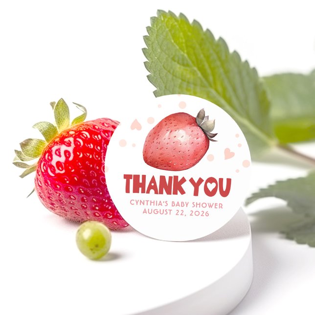Strawberry and Pink Hearts Thank You Classic Round Sticker (Creator Uploaded)