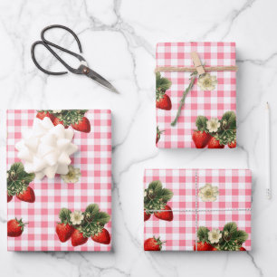 Strawberry and red gingham cute gift wrap sheets