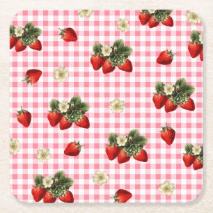 Strawberry and red gingham cute paper  square paper coaster