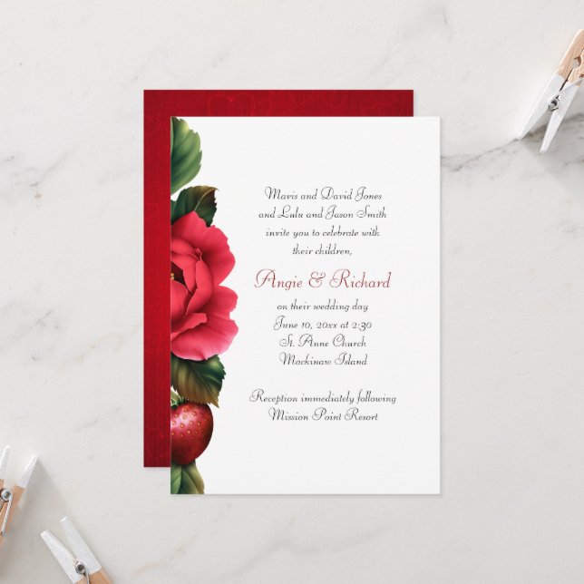 Strawberry and Red Roses Wedding Invitation (Front/Back In Situ)