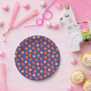 Strawberry and royal blue paper party picnic plate