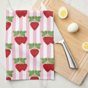 Strawberry applique on striped background retro  tea towel