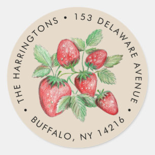 Strawberry Art Vintagle Style Taupe Return Address Classic Round Sticker