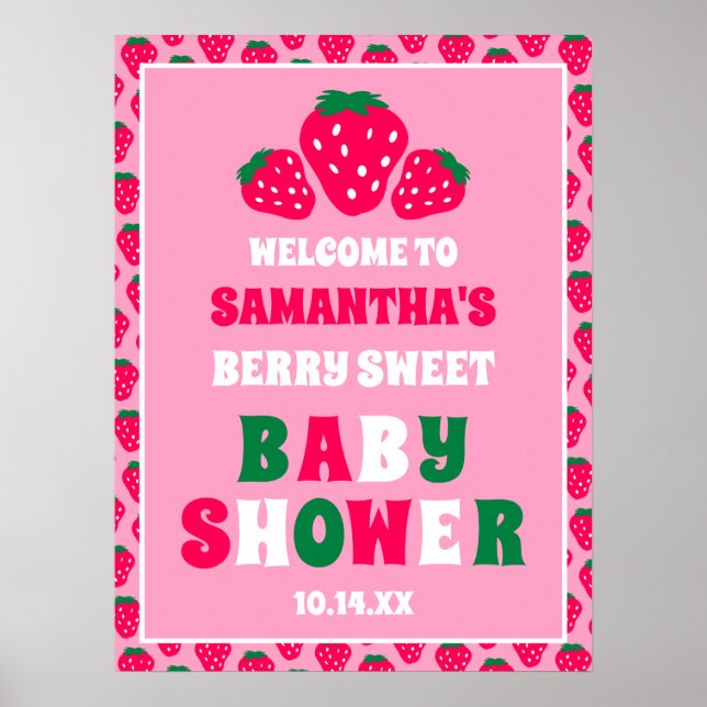 Strawberry Baby Girl Shower Berry Sweet Welcome Poster (Front)