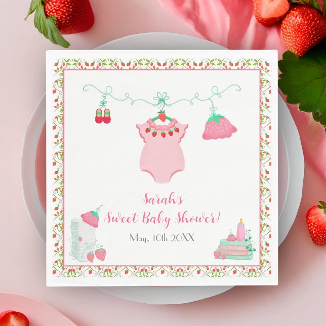 Strawberry Baby Outfit With Pattern Baby Shower Napkin (Napkins adorned with strawberries, adding sweetness to every baby shower.)