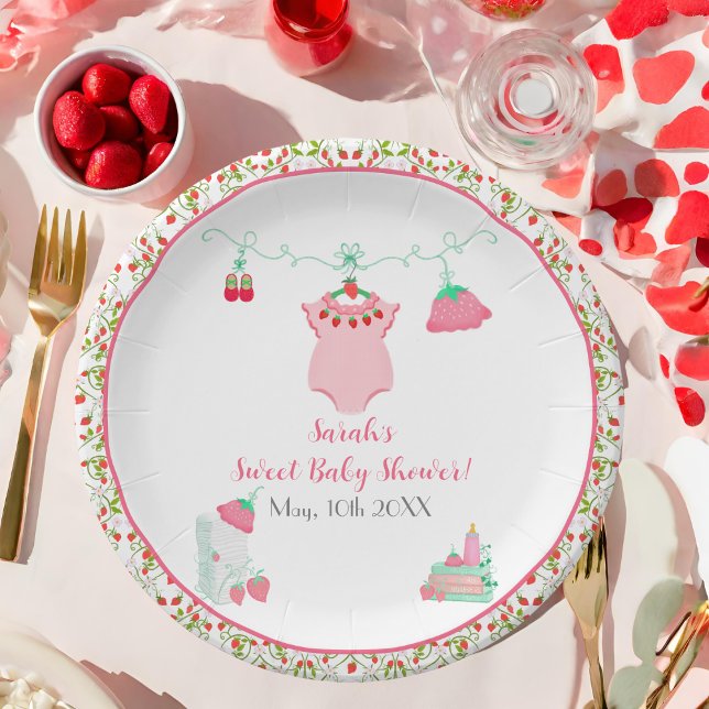 Strawberry Baby Outfit With Pattern Baby Shower Paper Plate (Serve up sweetness on paper plates, a charming touch for baby showers.)