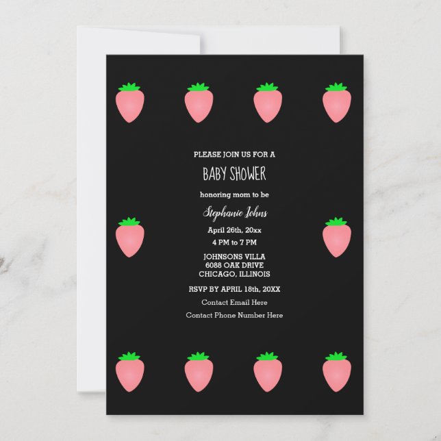 Strawberry Baby Shower Baby Girl Pink Black 2024 Invitation (Front)
