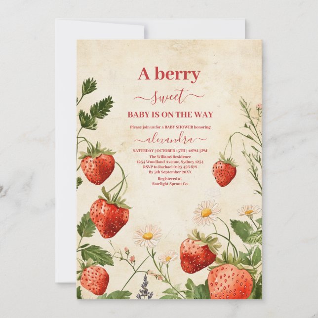 Strawberry Baby Shower Berry Sweet  Invitation (Front)