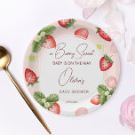 Strawberry baby shower berry sweet template paper plate<br><div class="desc">Strawberry baby shower berry sweet strawberries strawberry blossoms modern arch baby shower personalised tableware template paper plates</div>
