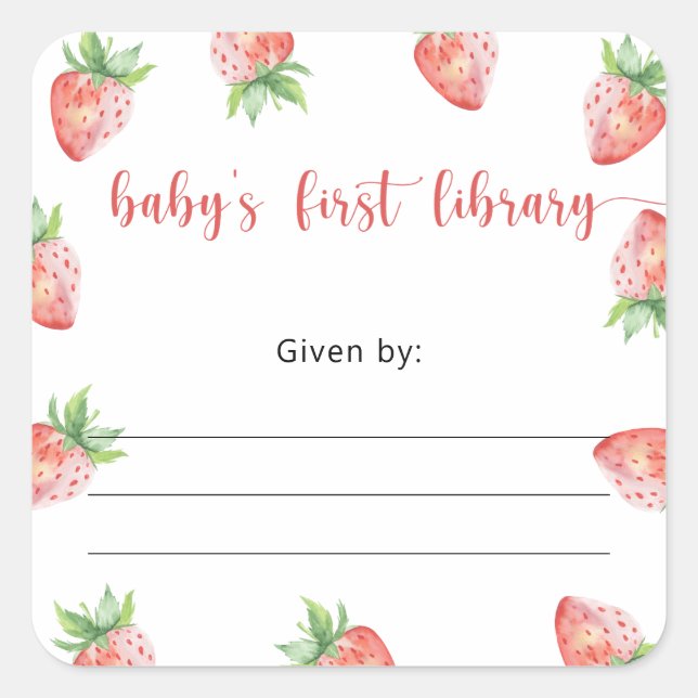 Strawberry Baby Shower bookplate, books for baby Square Sticker (Front)