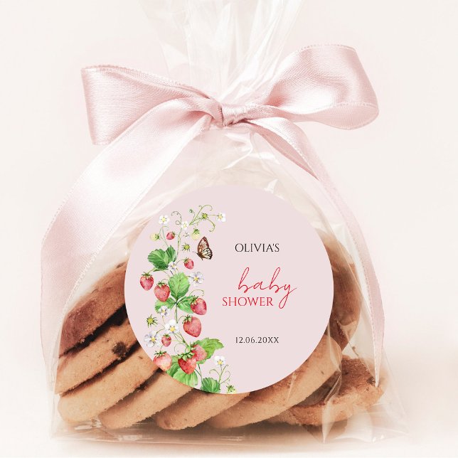 Strawberry Baby Shower Classic Round Sticker (Creator Uploaded)