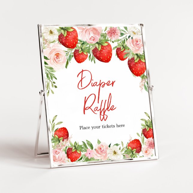 Strawberry Baby Shower Diaper Raffle Poster (Pink Floral Strawberry Baby Shower Diaper Raffle Sign)