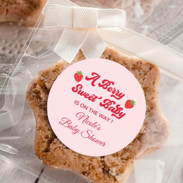Strawberry Baby Shower Favour Classic Round Sticker (Creator Uploaded)