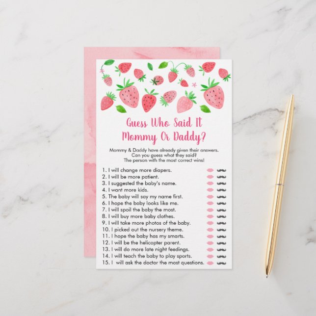 Strawberry Baby Shower Guess Who Said It Game (Front/Back In Situ)