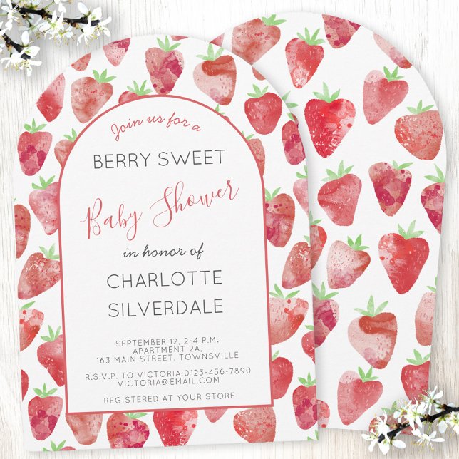 Strawberry Baby Shower Invitation (Strawbery watercolor Berry Sweet arch shaped personalized baby shower invitation )
