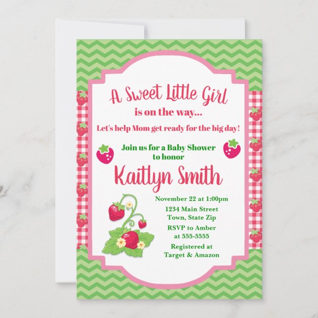 Strawberry Baby Shower Invitation 5x7 Girl Baby (Front)