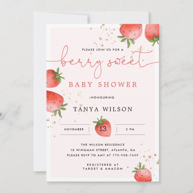 Strawberry Baby Shower Invitation | A Berry Sweet (Front)