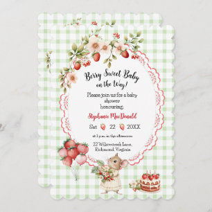 Strawberry Baby Shower Invitation- Green Gingham Invitation