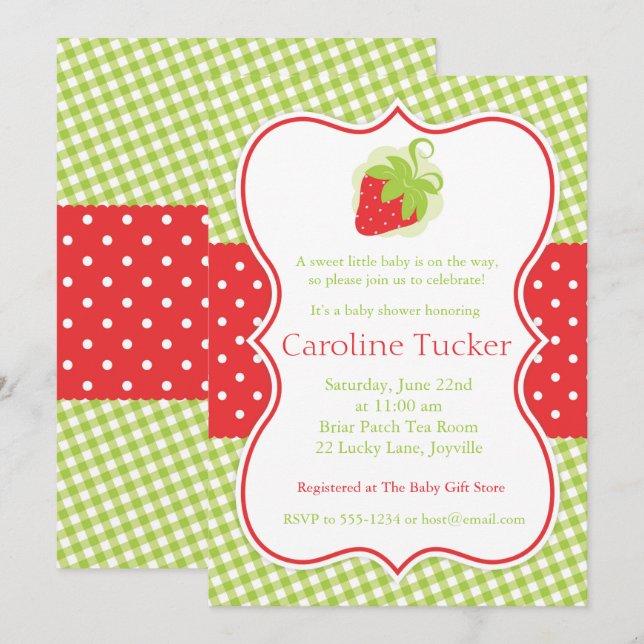 Strawberry Baby Shower Invitation in Red and Green (Front/Back)