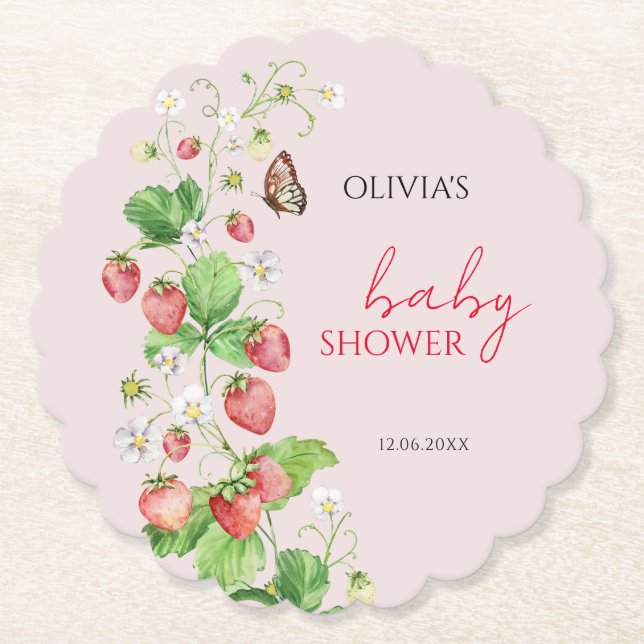 Strawberry Baby Shower Paper Coaster (Front)