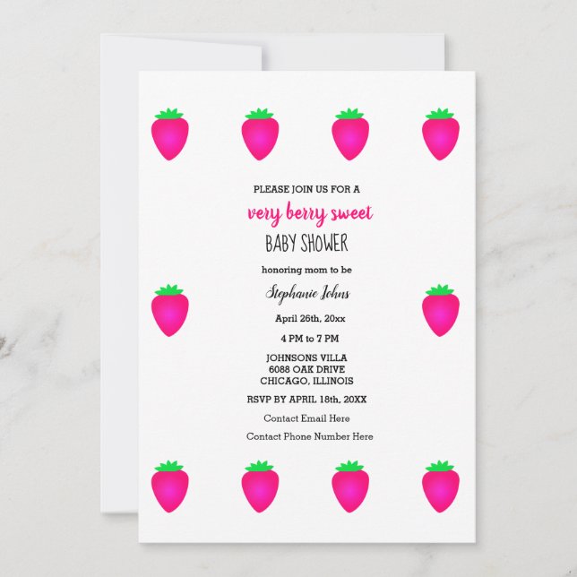Strawberry Baby Shower Pink Very Berry Baby Girl Invitation (Front)