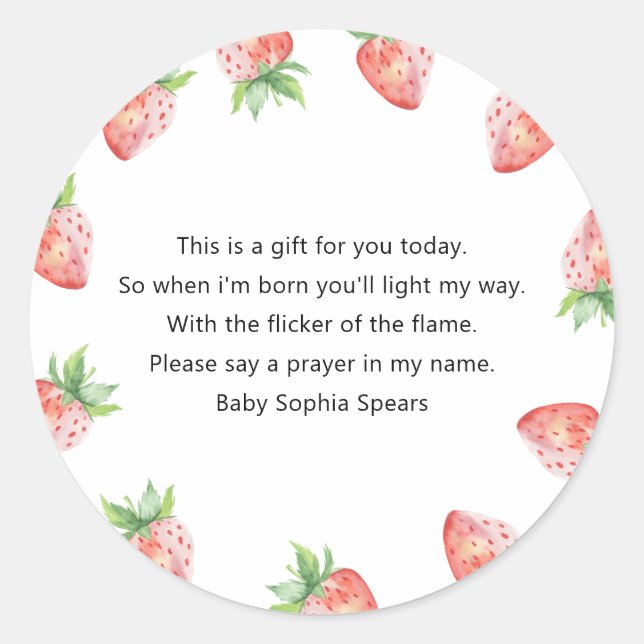 Strawberry baby shower - Prayer candle label (Front)